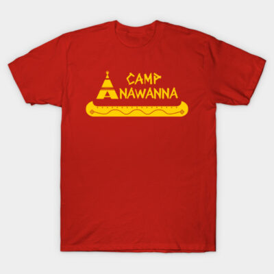 Red Camp Anawanna T-shirt, yellow text and graphic, casual style, 100% cotton, unisex, perfect for outdoor activities.