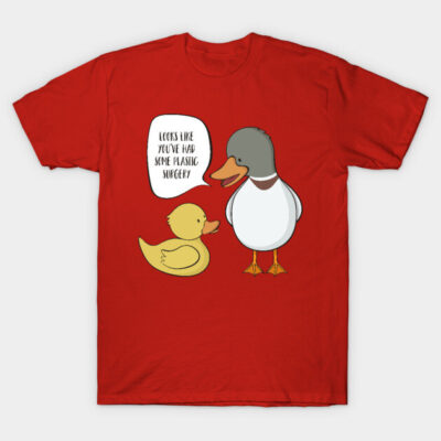 Red cotton T-shirt with humorous duck illustration and speech bubble, casual and playful style.