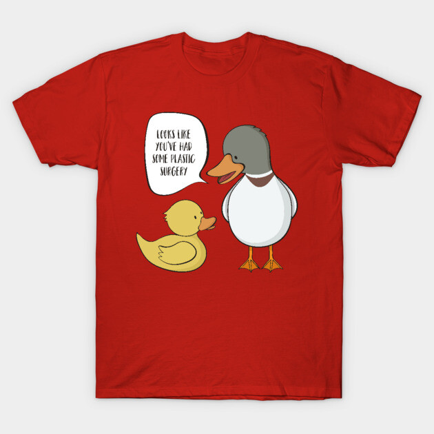 Red cotton T-shirt with humorous duck illustration and speech bubble, casual and playful style.