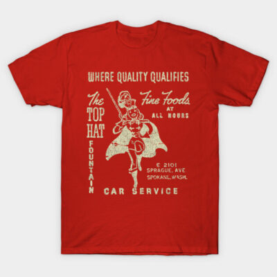 Red vintage-style graphic T-shirt with "The Top Hat" print, ideal for casual wear, made of soft cotton material.