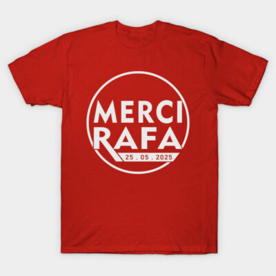 Red graphic T-shirt with "Merci Rafa" text, casual style, cotton material, perfect for everyday wear.