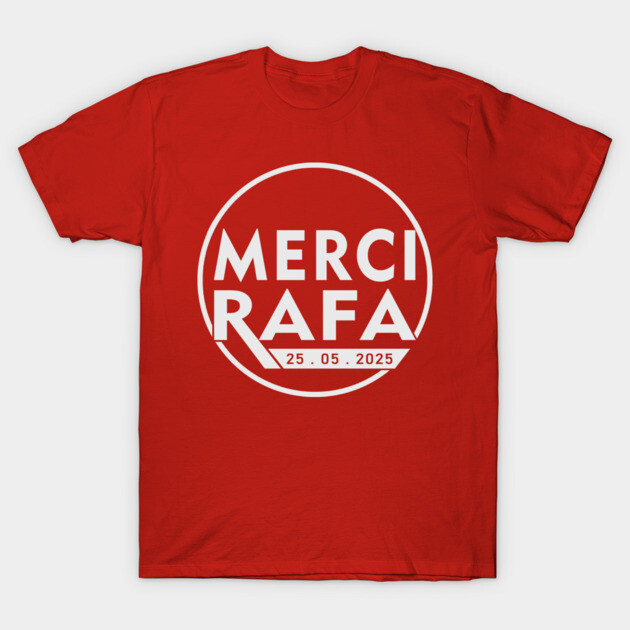 Red graphic T-shirt with "Merci Rafa" text, casual style, cotton material, perfect for everyday wear.