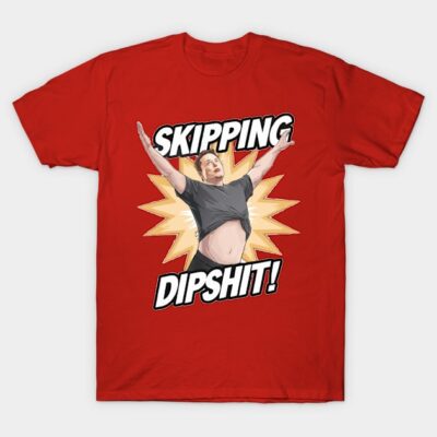 Red graphic t-shirt with humorous cartoon design, bold text, casual style, perfect for everyday wear.