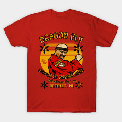 Red Dragon Fly martial arts t-shirt with graphic design, cotton material, casual style, perfect for everyday wear.