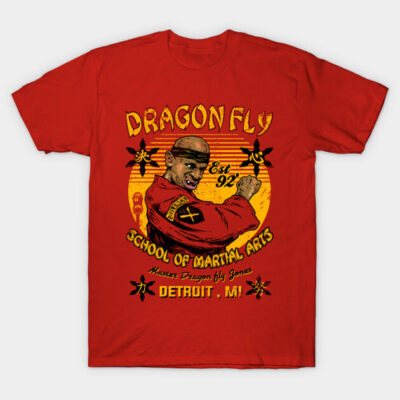Red martial arts graphic t-shirt, Dragon Fly School design, casual wear, 100% cotton, unisex.