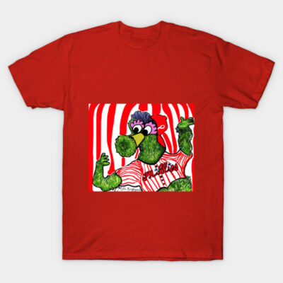 Red T-shirt with colorful cartoon design, featuring a green mascot in a striped jersey. Casual wear, cotton material.