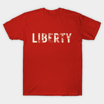 Red "Liberty" T-shirt, casual style, cotton material, bold white distressed text, perfect for daily wear.