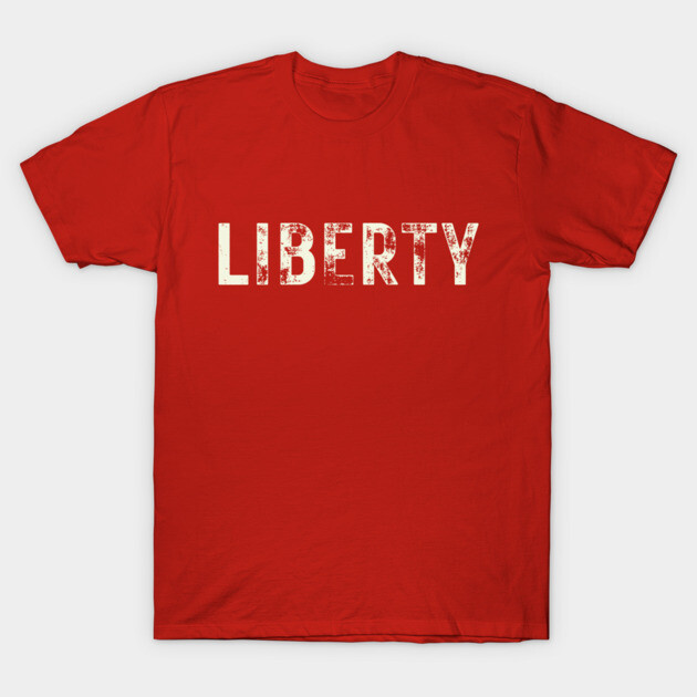 Red "Liberty" T-shirt, casual style, cotton material, bold white distressed text, perfect for daily wear.