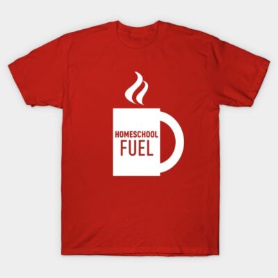 Red T-shirt with "Homeschool Fuel" coffee mug graphic, casual style, cotton material, ideal for everyday wear.