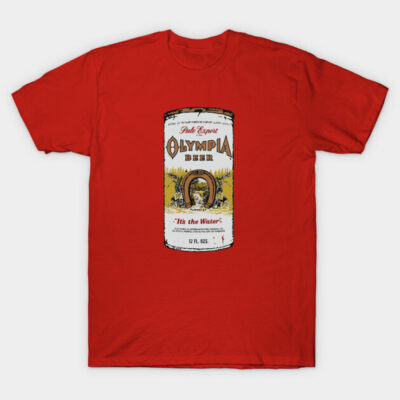 Red T-shirt featuring vintage Olympia Beer can graphic, casual style, ideal for beer enthusiasts and casual wear.