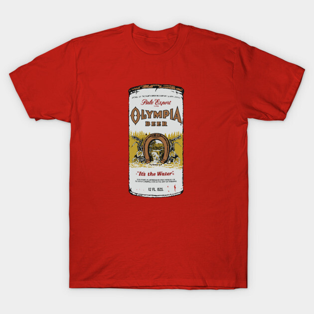Red T-shirt featuring vintage Olympia Beer can graphic, casual style, ideal for beer enthusiasts and casual wear.