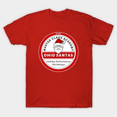 Red holiday-themed t-shirt with Santa logo, "Ohio Santas" text, ideal for festive events and workshops.