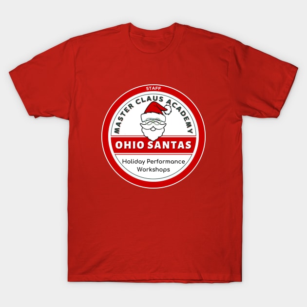 Red holiday-themed t-shirt with Santa logo, "Ohio Santas" text, ideal for festive events and workshops.