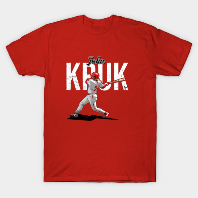 Red baseball-themed graphic tee featuring a player silhouette and bold text, perfect for sports fans.