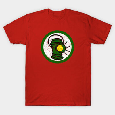 Red t-shirt with vintage lantern graphic, green and yellow accents, casual style, ideal for everyday wear.