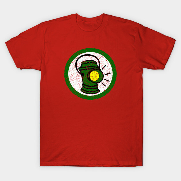 Red t-shirt with vintage lantern graphic, green and yellow accents, casual style, ideal for everyday wear.