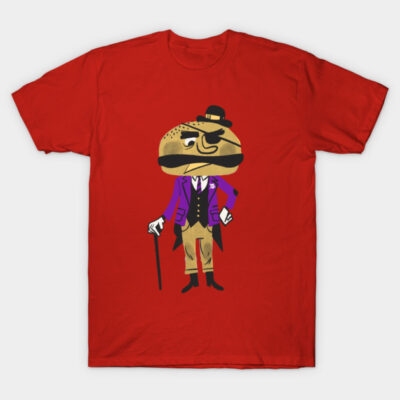 Red graphic t-shirt featuring vintage burger character design, casual wear, cotton material.
