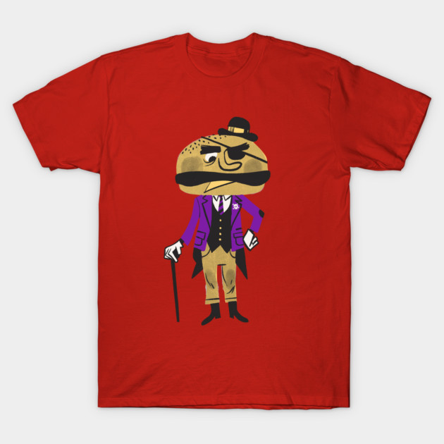 Red graphic t-shirt featuring vintage burger character design, casual wear, cotton material.