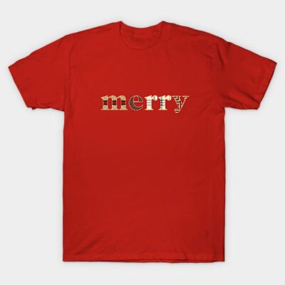 Red "Merry" T-shirt with festive lettering, casual style, perfect for holiday celebrations. 100% cotton material.