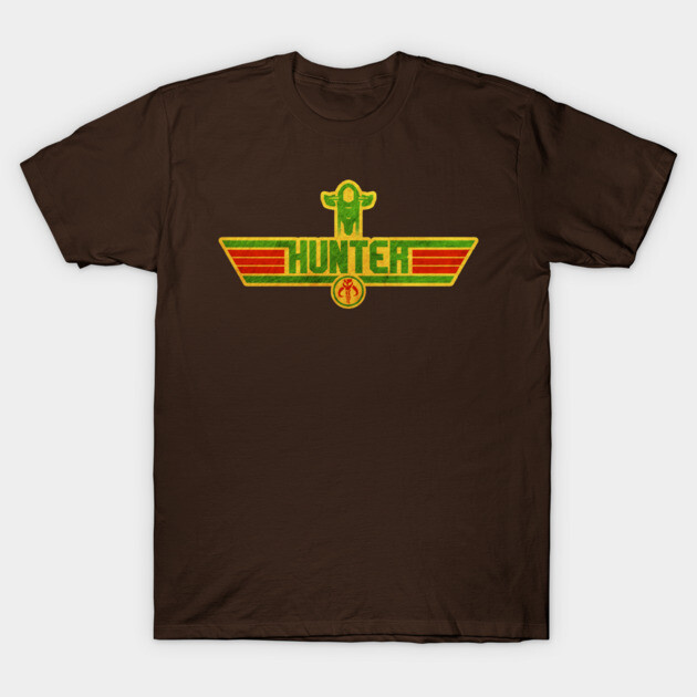 Brown t-shirt with retro "Hunter" graphic design in green and red, casual style, 100% cotton, unisex.