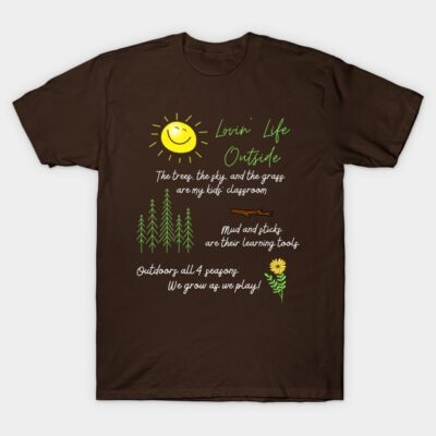 Brown outdoor-themed t-shirt with playful nature graphics, ideal for nature lovers, made of soft cotton fabric.