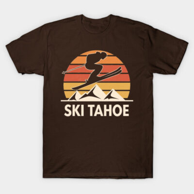 Brown "Ski Tahoe" T-shirt with vintage sunset design, featuring a skier silhouette, perfect for winter sports enthusiasts.