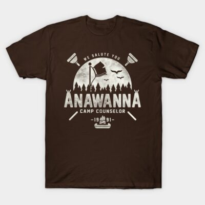 Brown "Anawanna Camp Counselor" T-shirt with vintage design, perfect for outdoor enthusiasts and casual wear.