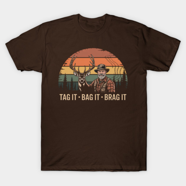 Brown hunting-themed t-shirt with vintage sunset design, featuring deer and forest graphics, cotton material, casual wear.