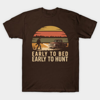 Brown hunting-themed t-shirt with vintage truck graphic, sunset design, "Early to Bed, Early to Hunt" text. Cotton material.