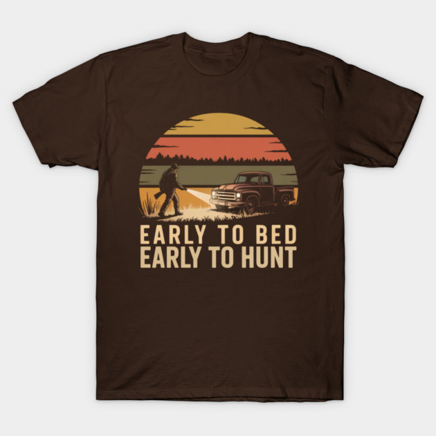 Brown hunting-themed t-shirt with vintage truck graphic, sunset design, "Early to Bed, Early to Hunt" text. Cotton material.