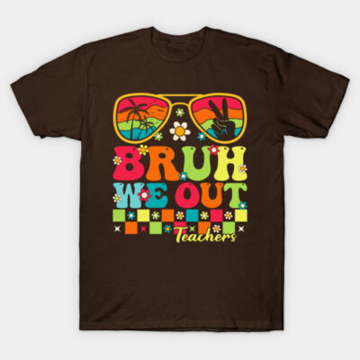 Brown T-shirt with colorful "Bruh We Out" graphic and retro sunglasses design, ideal for casual wear.
