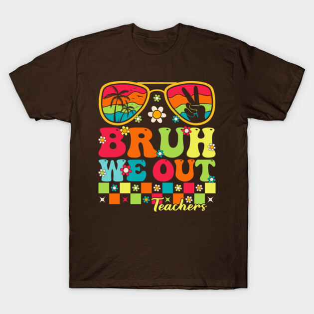 Brown T-shirt with colorful "Bruh We Out" graphic and retro sunglasses design, ideal for casual wear.