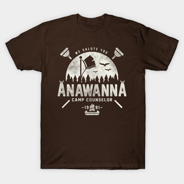 Brown "Anawanna Camp Counselor" T-shirt with vintage design, perfect for outdoor enthusiasts and casual wear.