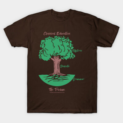 Brown "Classical Education" T-shirt featuring tree design with green and pink text, ideal for casual wear and education fans.