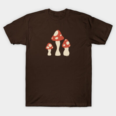 Brown t-shirt with red and white mushroom graphic, casual unisex style, soft cotton material.