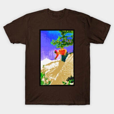 Brown t-shirt with vibrant skiing graphic, featuring colorful landscape and skier, perfect for outdoor enthusiasts.