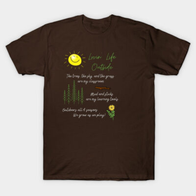 Brown t-shirt with nature-themed graphic and text, featuring a sun, trees, and plants. Casual outdoor style. Cotton material.