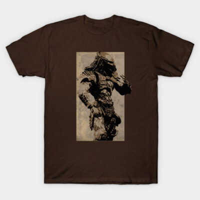 Brown graphic t-shirt featuring a sci-fi themed warrior design, ideal for casual wear or fan collections.