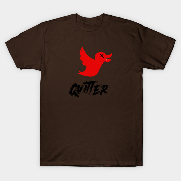 Quitter social media joke T-Shirt 1 Brown cotton T-shirt with red graphic and text design, casual style, unisex.
