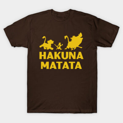 Brown t-shirt with yellow "Hakuna Matata" print, featuring playful animal silhouettes, casual wear, cotton material.