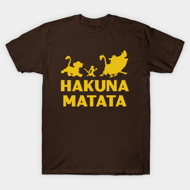Hakuna Matata T-Shirt 1 Brown t-shirt with yellow "Hakuna Matata" print, featuring playful animal silhouettes, casual wear, cotton material.